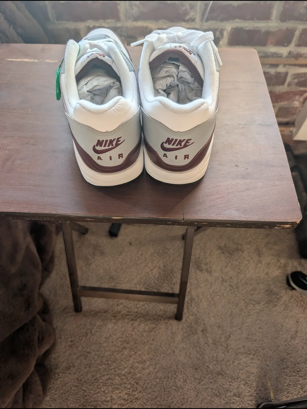 Nike Air Max 1 Sneakers in White, Gray, and Maroon